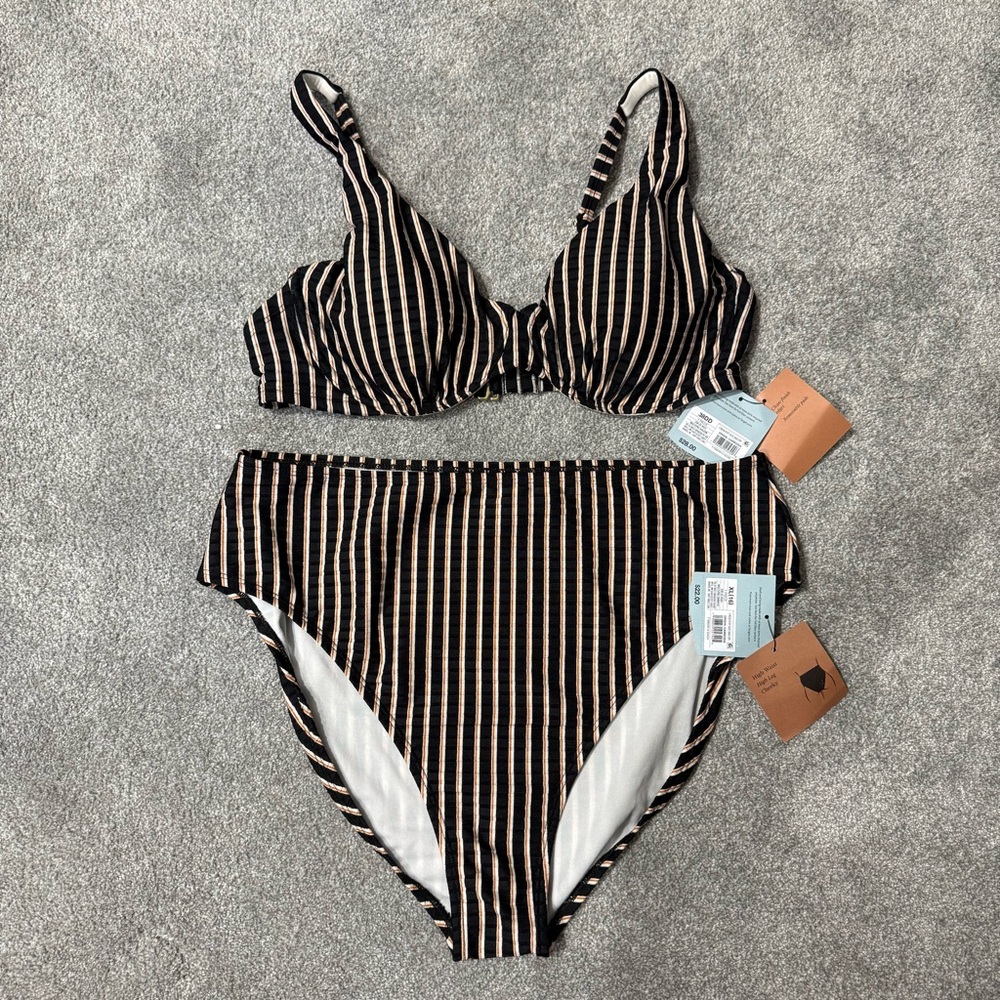 Shade and Shore Striped High Waist Swim Bikini Set- Black/White 38DD and XL